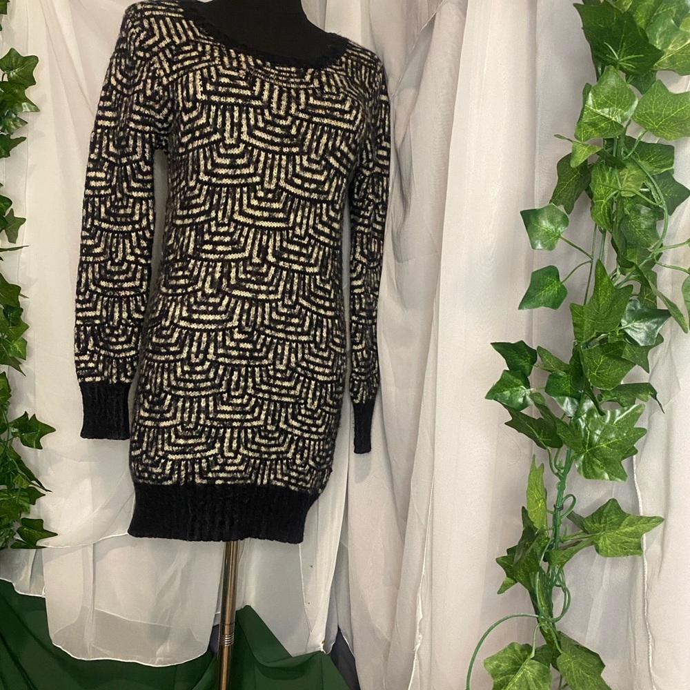 Anthropologie Katsumi Black and White Art Deco Wool Sweater Dress